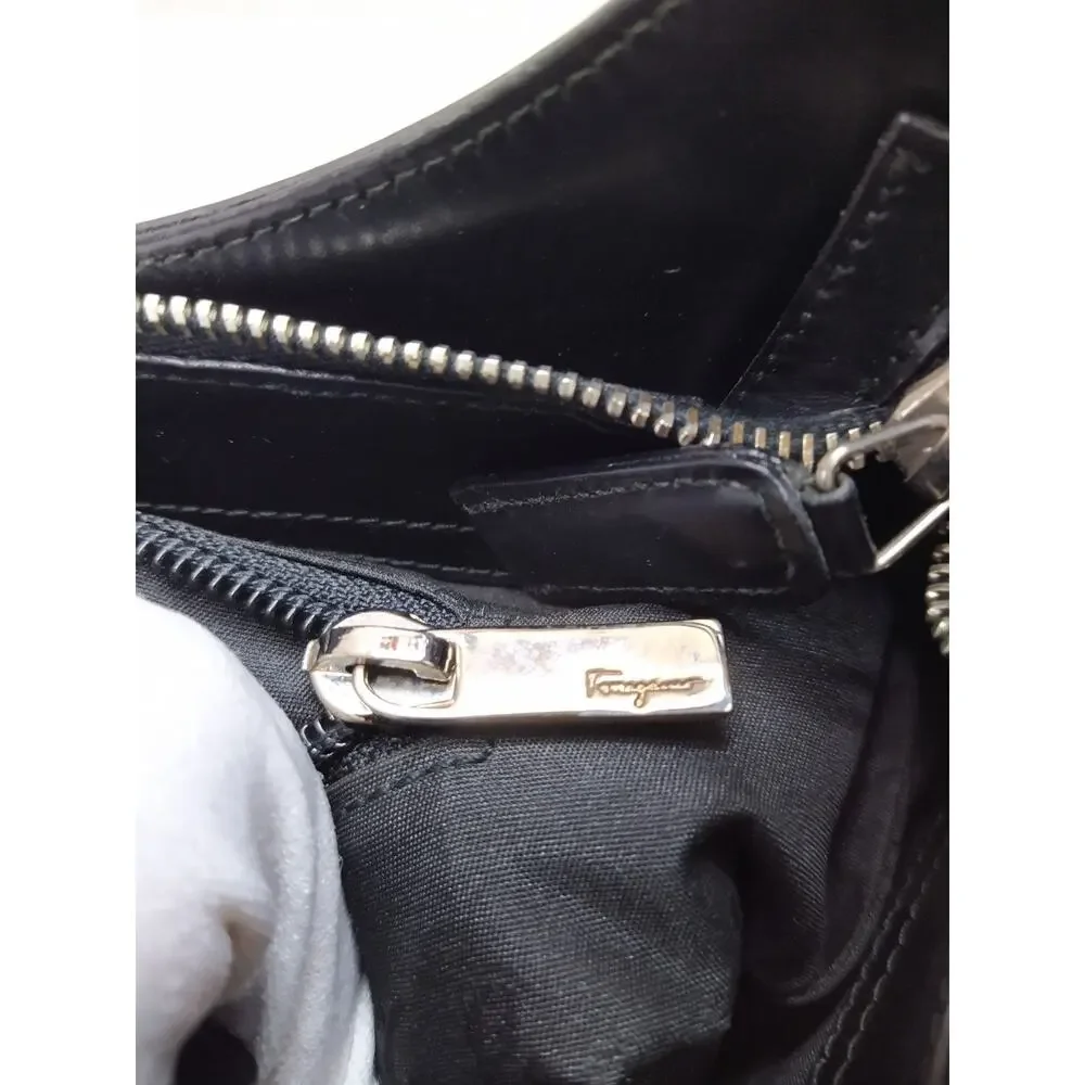 Salvatore Ferragamo Black Patent Leather Zipper Closure Hobo Shoulder Bag